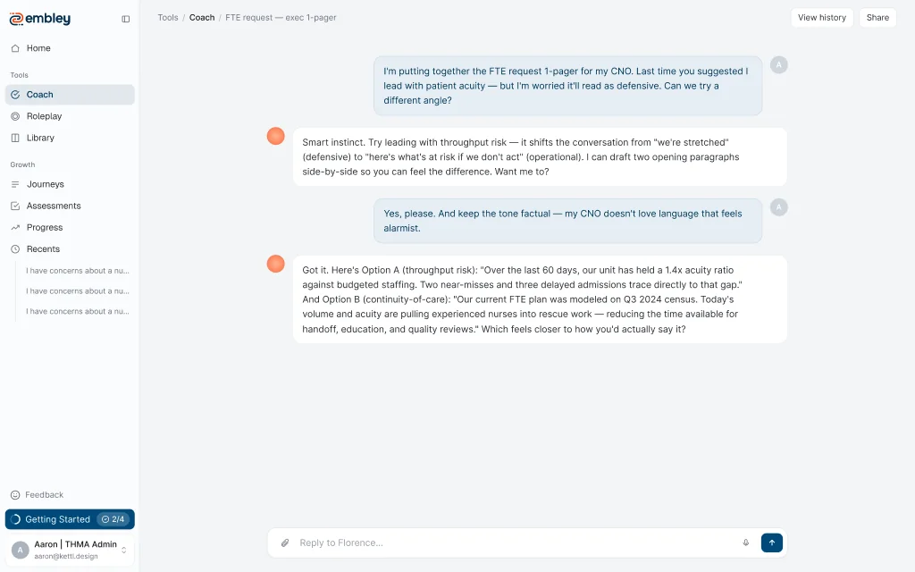 Embley coach interface showing a manager receiving tailored guidance