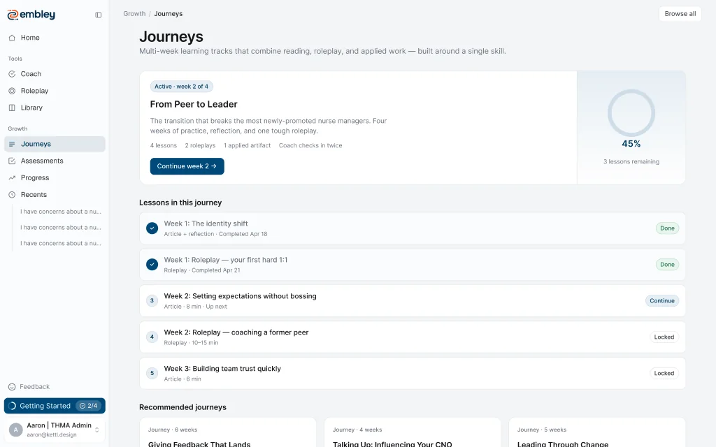 Embley journeys interface showing a leadership learning path