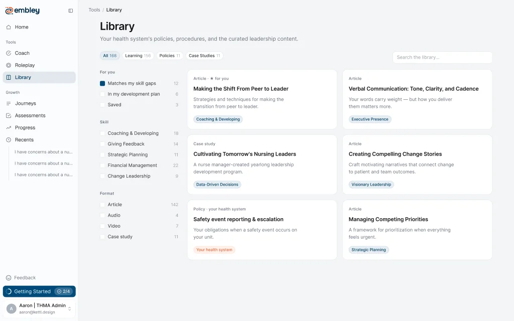 Embley library interface with leadership content and health system policies